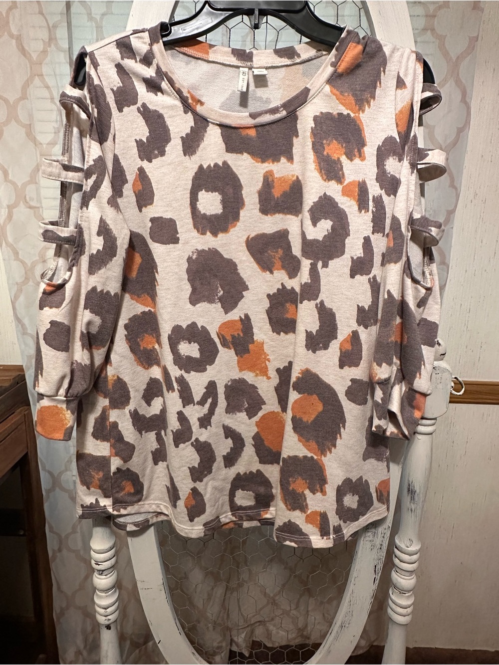 Cato Cream Leopard Cold-Shoulder Sweatshirt with Orange Accents